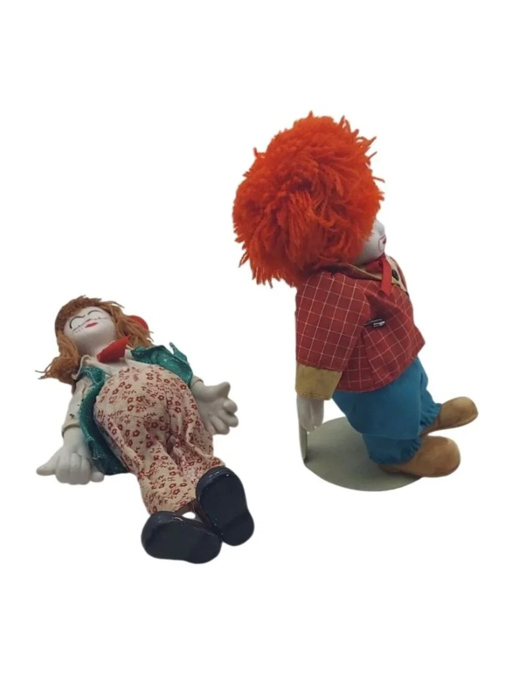 Porcelain Hobo Clown Figurine Doll w/ Display Stand Set of 4 Vintage Collectible